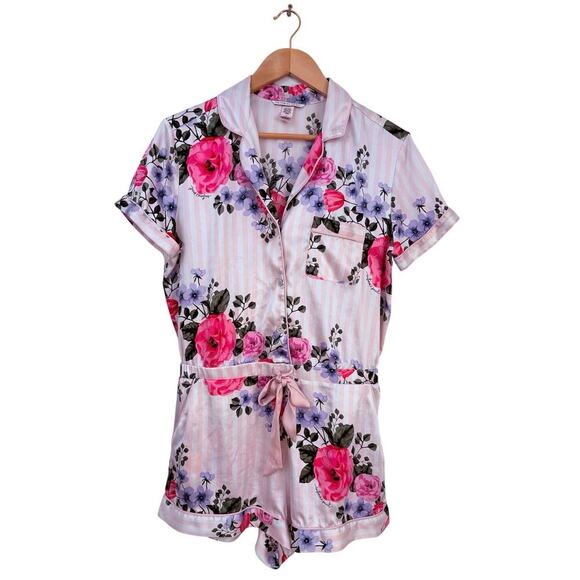 Victoria’s Secret Satin Floral Pink Striped Pajama Romper Shorts Size M - Picture 2 of 5